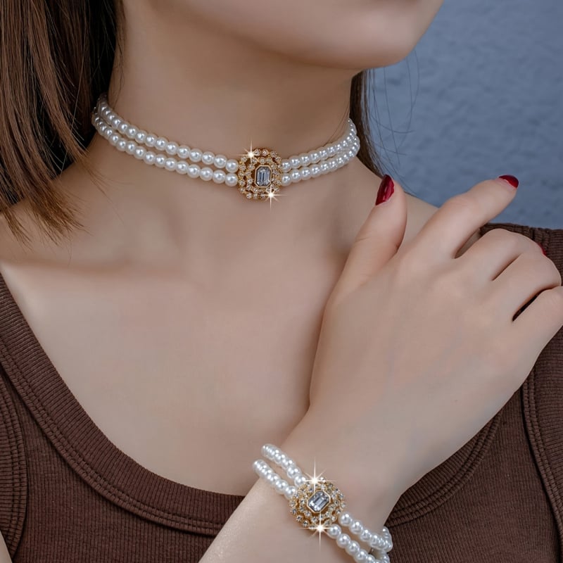 Višeslojna ogrlica s perlama i rhinestones, ogrlica od perli, kvadratni privjesak, cinkova legura, retro književni stil