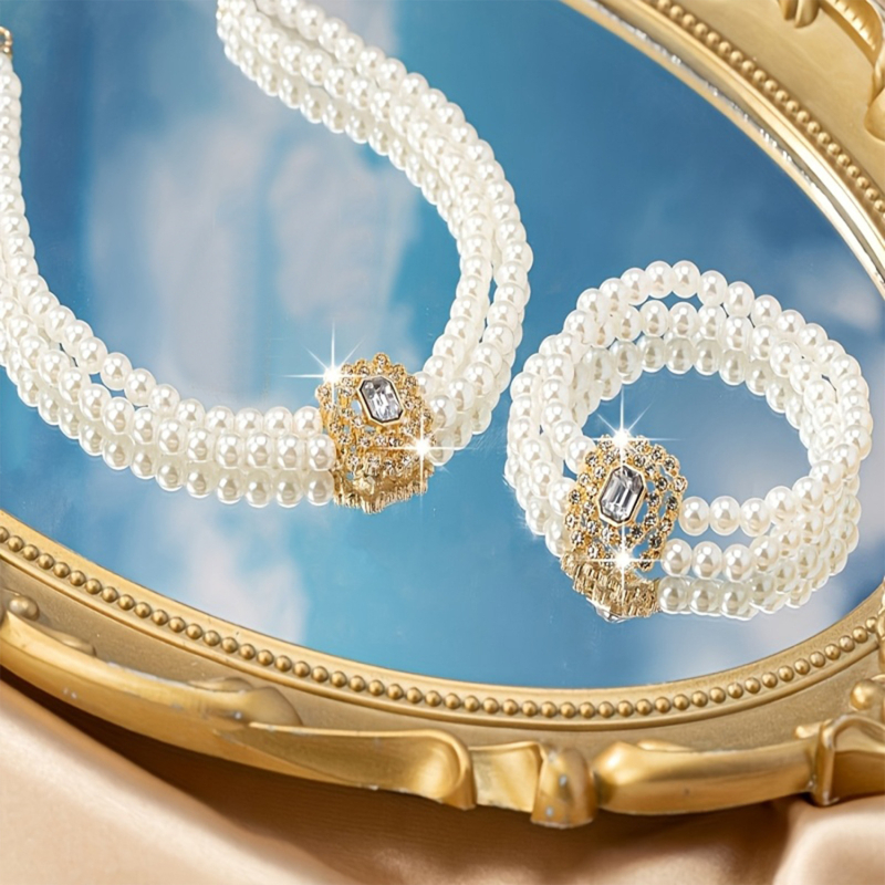 Višeslojna ogrlica s perlama i rhinestones, ogrlica od perli, kvadratni privjesak, cinkova legura, retro književni stil