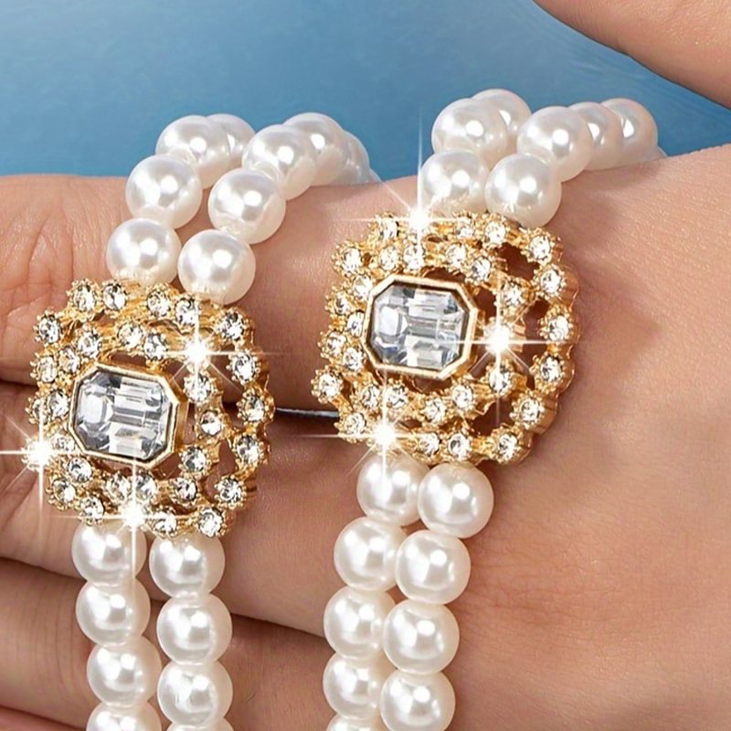 Višeslojna ogrlica s perlama i rhinestones, ogrlica od perli, kvadratni privjesak, cinkova legura, retro književni stil