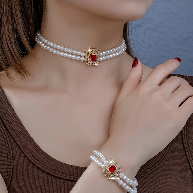 Višeslojna ogrlica s perlama i rhinestones, ogrlica od perli, kvadratni privjesak, cinkova legura, retro književni stil