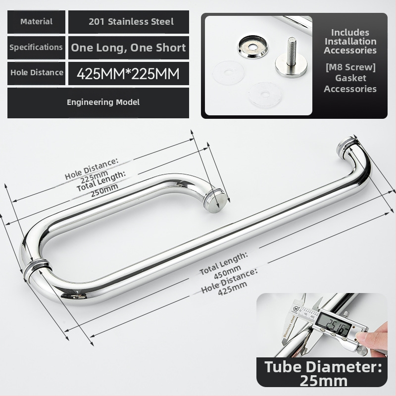 Vonios kambario rankena stiklo dušo durims – 304 nerūdijantis plienas, preciziškas poliravimas, tinka stumdomoms durims, modelis 200