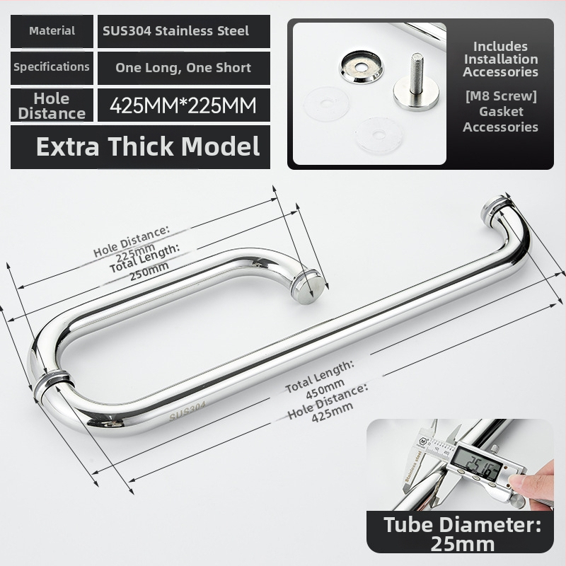 Vonios kambario rankena stiklo dušo durims – 304 nerūdijantis plienas, preciziškas poliravimas, tinka stumdomoms durims, modelis 200