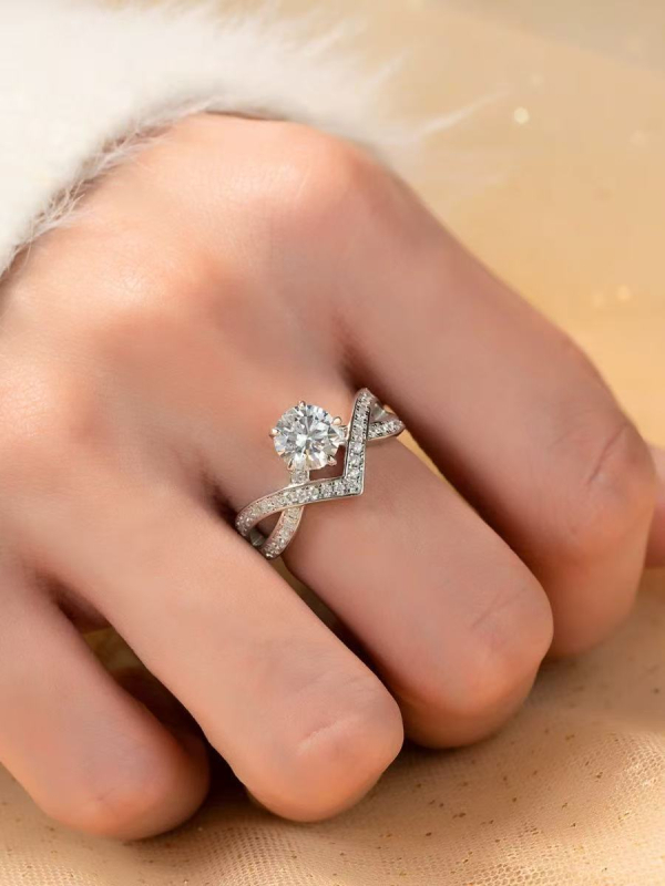 Prsten s kronom u dubokom V, S925 srebro pozlaćeno zlatom, Moissanit boje D, ženski vjenčani prsten, lagani luksuz