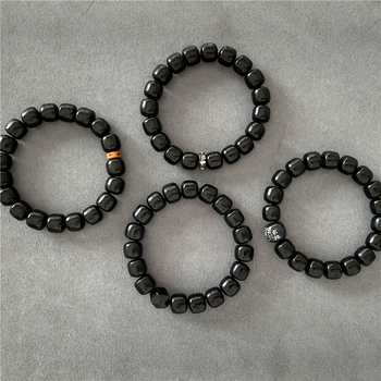 Crna yak rog narukvica, 10 mm perle, starinski stil, unisex nakit