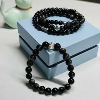 Narukvica od prirodnog obsidijana, dvostruko slojevita s kružnim perlama, ručna izrada, unisex, kineski stil, Whale Firefly Jewelry