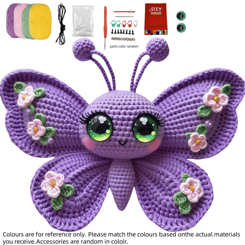 Set za kukičanje za početnike s motívom breskvinog cvijeta i leptira (materijal: vuna; tehnika: ručno kukičanje; uzorci: životinjski)