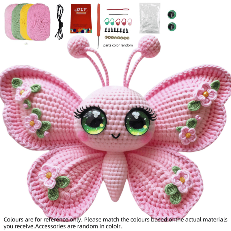 Set za kukičanje za početnike s motívom breskvinog cvijeta i leptira (materijal: vuna; tehnika: ručno kukičanje; uzorci: životinjski)