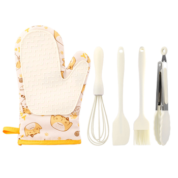 Cepšanas cimdi no kokvilnas un silikona, karikatūras kaķēna raksts, 5 gab. komplekts, pielāgojami