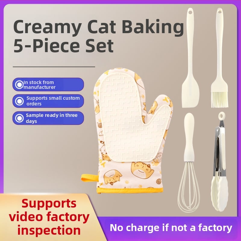 Cepšanas cimdi no silikona, pretapdegumu, kartēts kaķēna motīvs, kokvilnas-silikona materiāls, mūsdienīgs minimālisma stils, pielāgojams