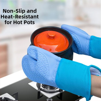 Izolētas silikona virtuves cimdi, īss divpirkstu dizains, pretapdeguma, pretslīdes, ar kokvilnas oderi