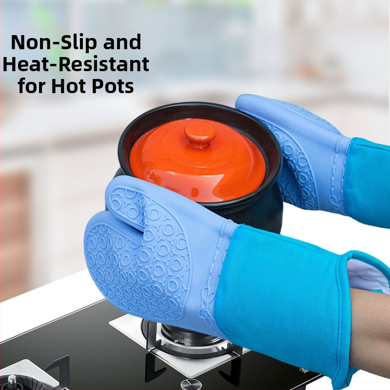 Izolētas silikona virtuves cimdi, īss divpirkstu dizains, pretapdeguma, pretslīdes, ar kokvilnas oderi