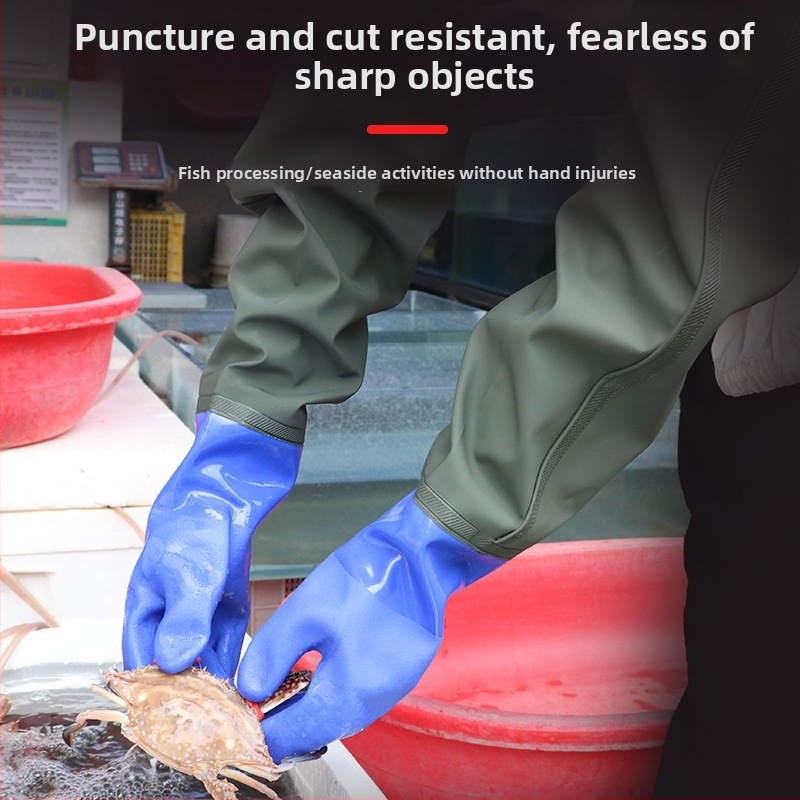 Rūpnieciskās ūdensdrošās PVC cimdi - PVC materiāls, ūdensdrošas, garums apm. 70 cm, atkārtoti lietojamas, paredzētas akvakultūrai un lotusa sakņu rakšanai