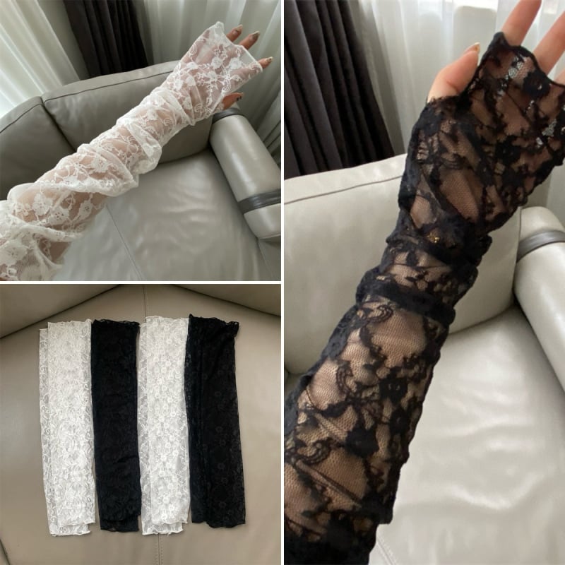 Korejski stil čipkaste dugačke rukave za zaštitu od sunca, prorezani cvjetni dizajn, najlonska čipka (61–70% nylon)