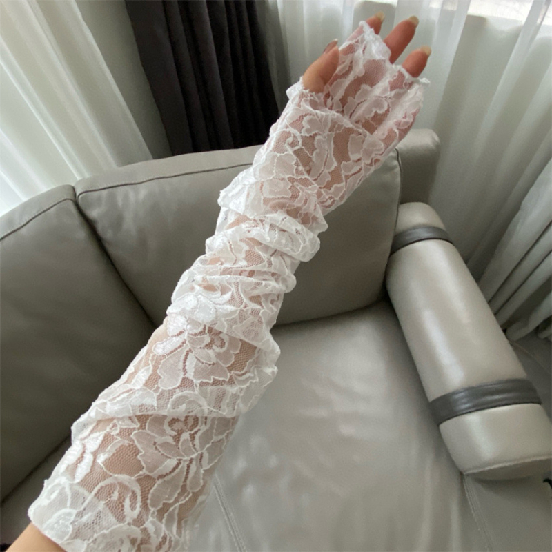 Korejski stil čipkaste dugačke rukave za zaštitu od sunca, prorezani cvjetni dizajn, najlonska čipka (61–70% nylon)