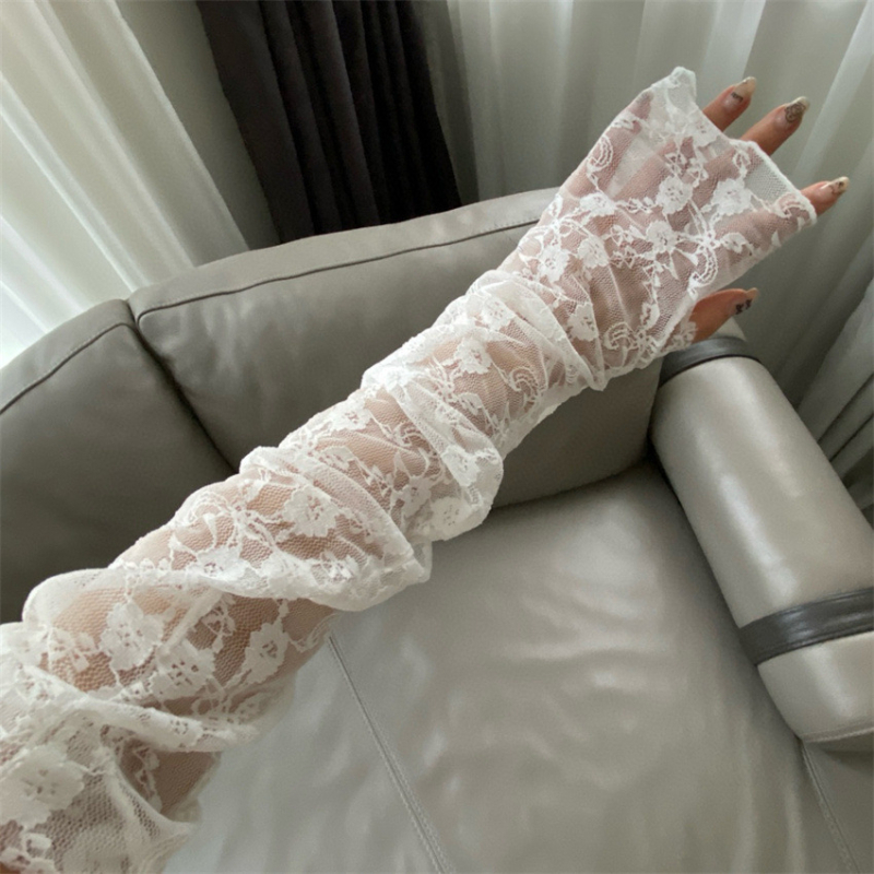 Korejski stil čipkaste dugačke rukave za zaštitu od sunca, prorezani cvjetni dizajn, najlonska čipka (61–70% nylon)