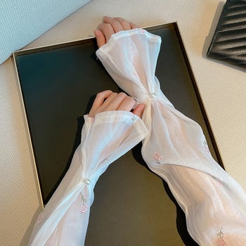 Slnečné ochranné návleky s vyšívanými kvetmi, voľné zvonové rukávy, gombíky s perlami