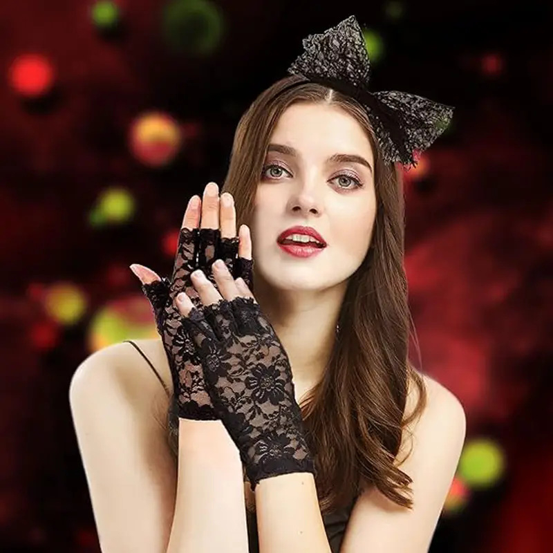 Mezgimo puspirštinės, kvėpuojančios, neslystančios, nuo saulės apsauga, vintage poliesterio nėriniai, vestuvinei dekoracijai