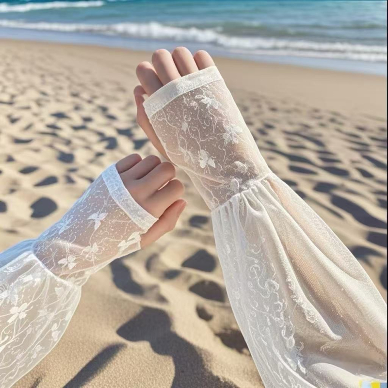 Ženske zaštitne rukave za sunce, lagane Ice Silk, poliester, čipkasti rub, za vožnju biciklom na otvorenom, ljeto 2025