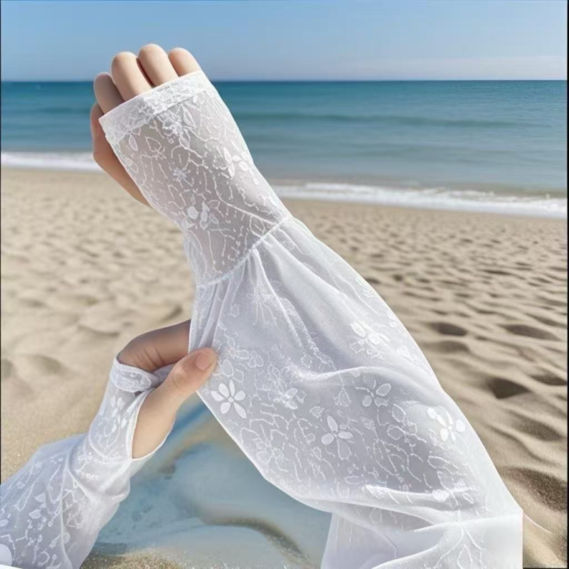 Ženske zaštitne rukave za sunce, lagane Ice Silk, poliester, čipkasti rub, za vožnju biciklom na otvorenom, ljeto 2025