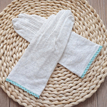 Дамски тънки памучни ръкавици за слънцезащита - японски стил, пасторално вдъхновение, пълни пръсти, 100% памук, памучна материя, пролет 2024