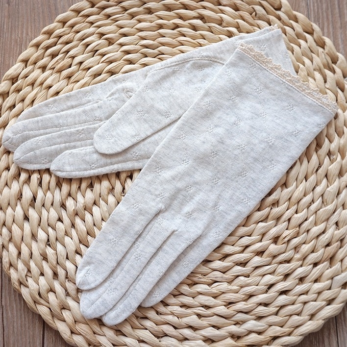 Дамски тънки памучни ръкавици за слънцезащита - японски стил, пасторално вдъхновение, пълни пръсти, 100% памук, памучна материя, пролет 2024