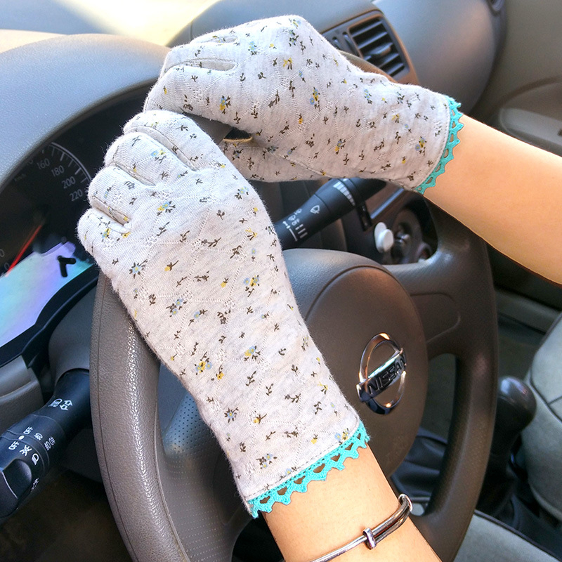 Дамски тънки памучни ръкавици за слънцезащита - японски стил, пасторално вдъхновение, пълни пръсти, 100% памук, памучна материя, пролет 2024