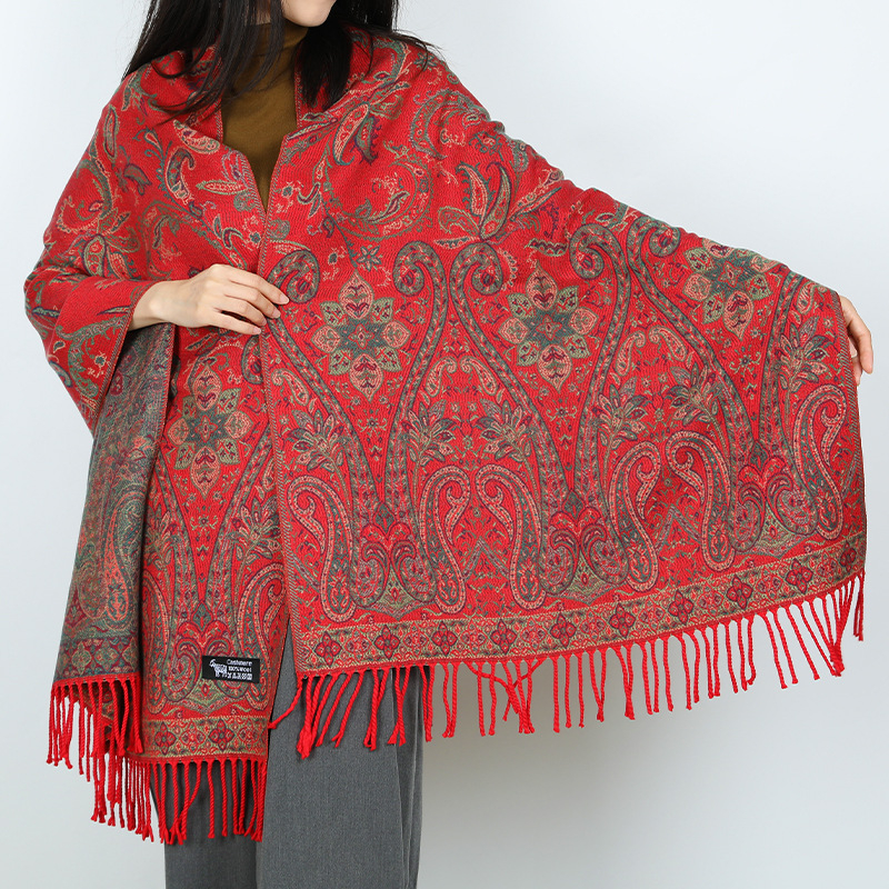 Vintage šal s etno stilom, jacquard uzorkom i resicama od imitacije kašmira za jesen/zimu