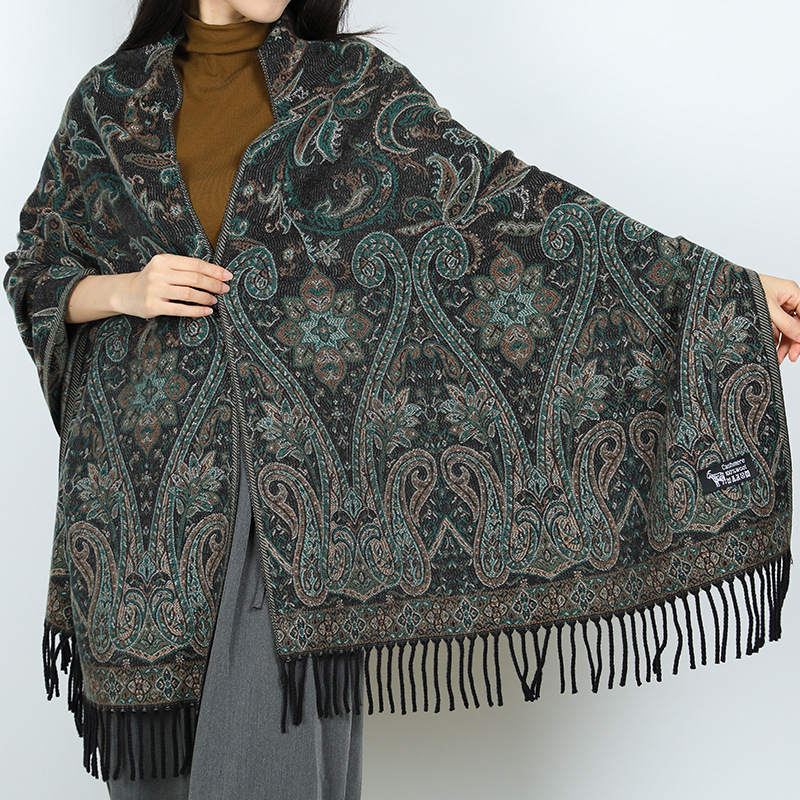 Vintage šal s etno stilom, jacquard uzorkom i resicama od imitacije kašmira za jesen/zimu