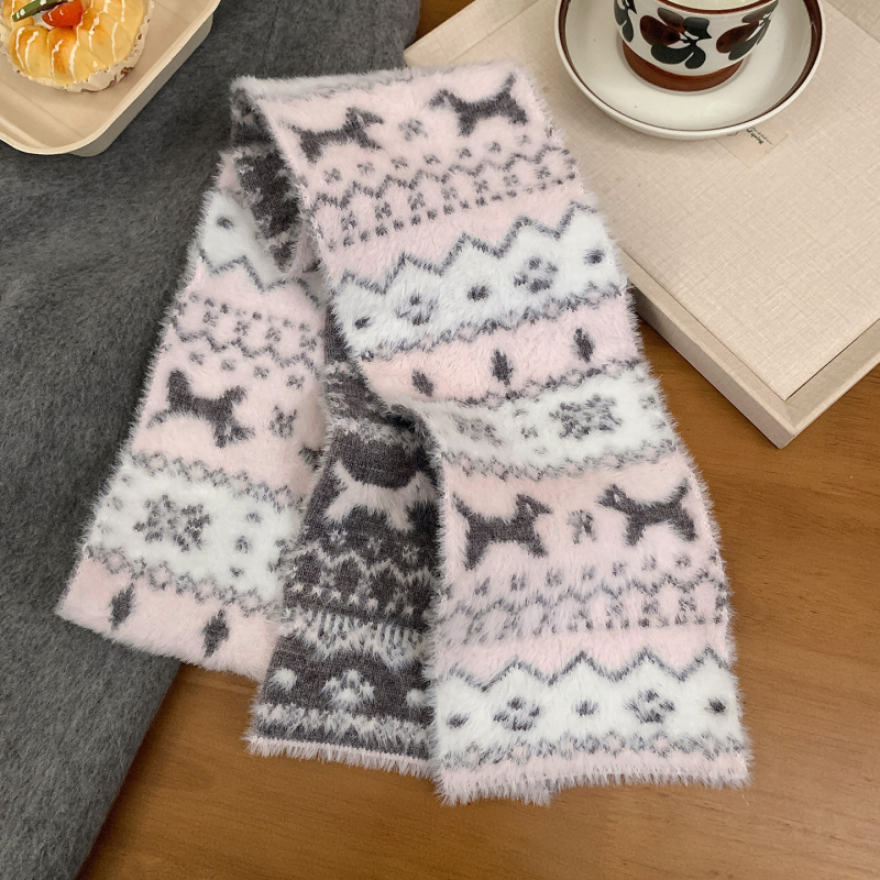 Pleteni šal s Fair Isle Jacquardom i pliš mačje dizajnom, vuneni ženski dodatak korejskog stila za zimu, jesen i proljeće
