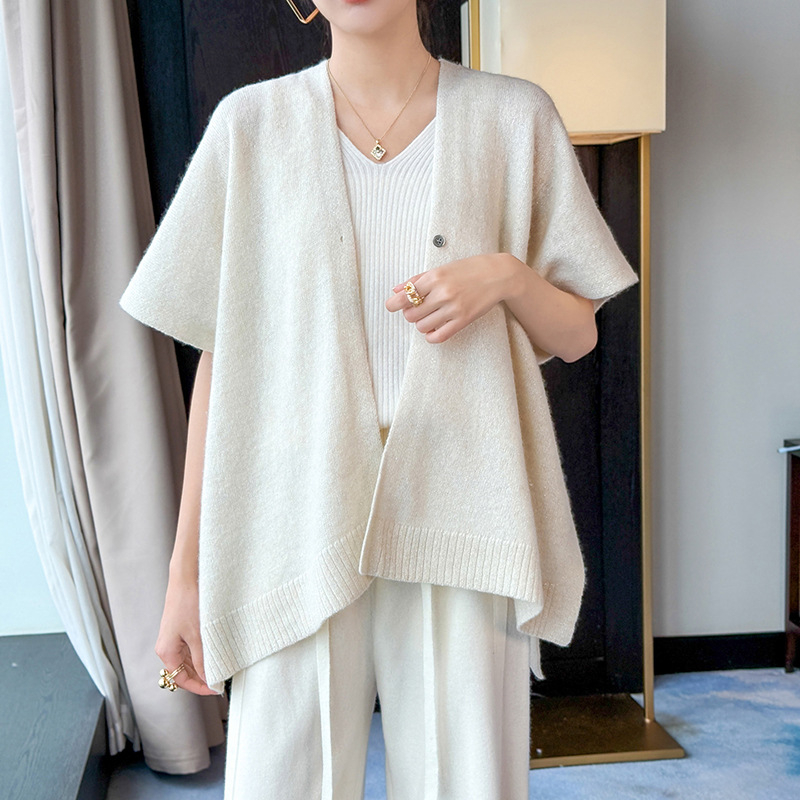 Πλεκτό τοπ-σαλ από μαλλί με V-λαιμό, κουμπί κλείσιμο, απλό πλέξιμο, ζεσταίνει το σώμα