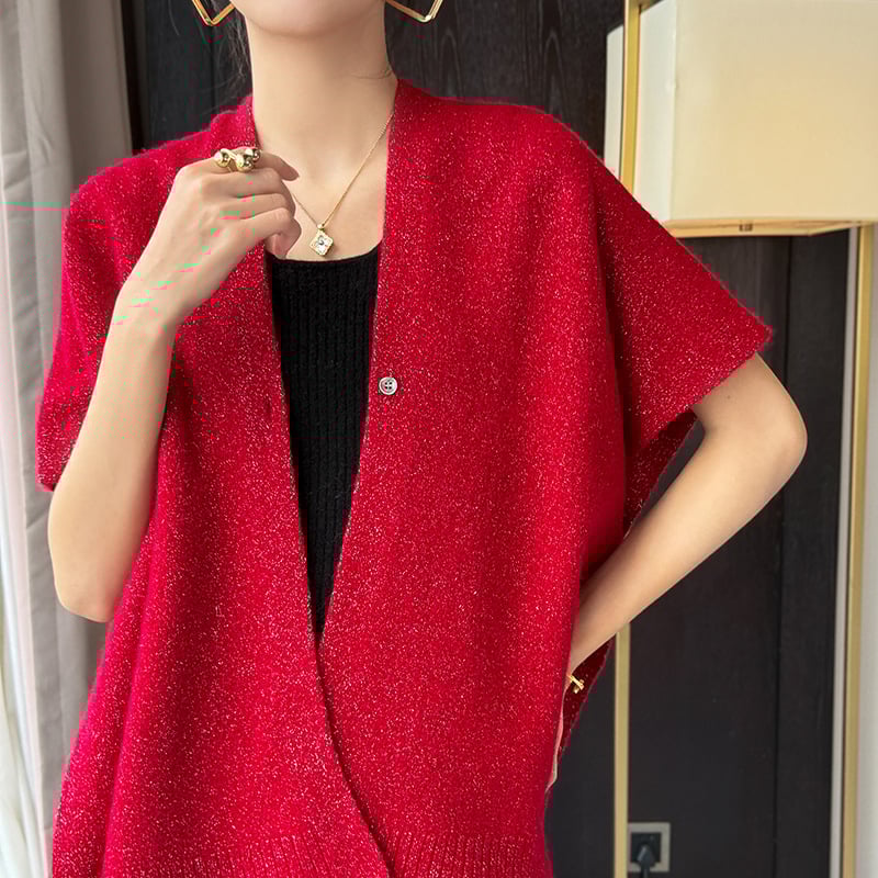 Πλεκτό τοπ-σαλ από μαλλί με V-λαιμό, κουμπί κλείσιμο, απλό πλέξιμο, ζεσταίνει το σώμα