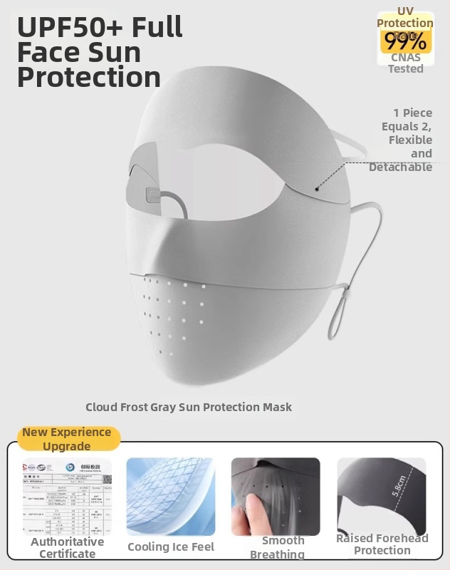 Maska za cijelo lice s UV zaštitom, s odvojivim zaštitnim štitom, prozračna Ice Silk tkanina za ljeto, zaštita očiju