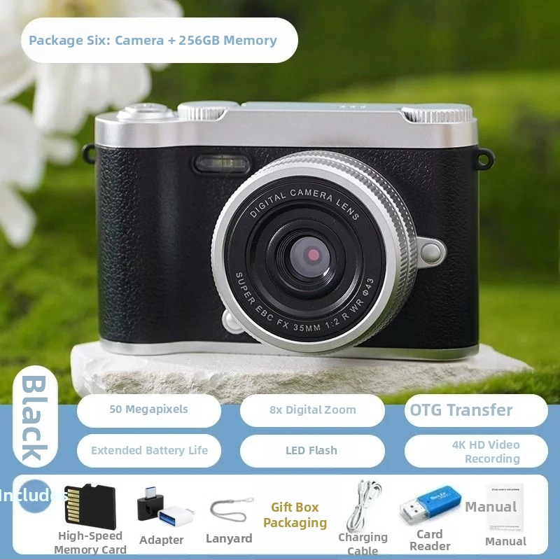 CCD digitálna kamera s prednou a zadnou dvojitou šošovkou, vstupná úroveň, kampus retro dizajn, 40–50MP, 8x optický zoom, 2,4-palcový LCD, TF karta, elektronická stabilizácia obrazu