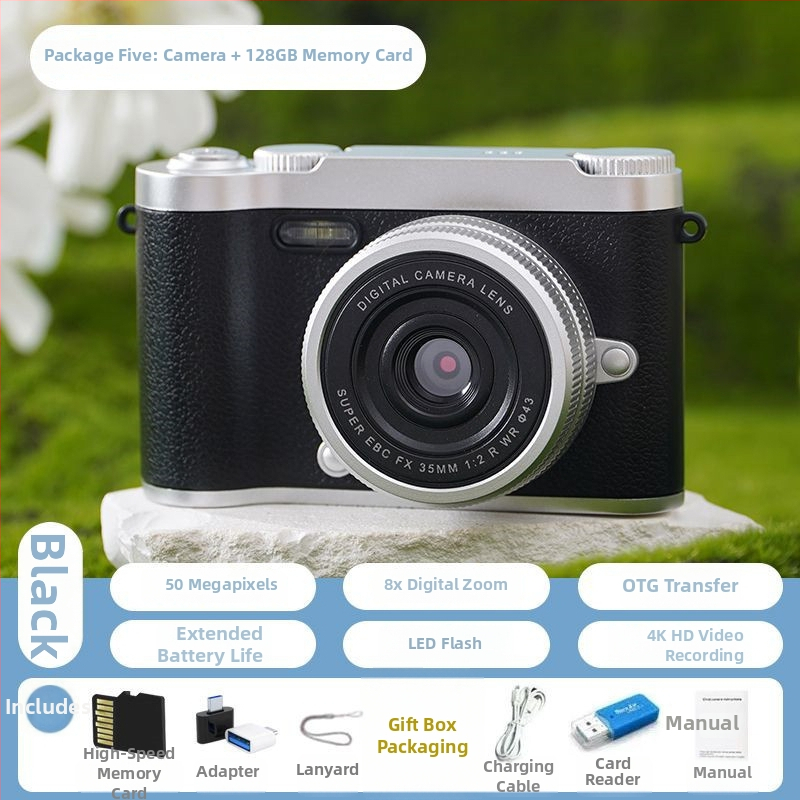 CCD digitálna kamera s prednou a zadnou dvojitou šošovkou, vstupná úroveň, kampus retro dizajn, 40–50MP, 8x optický zoom, 2,4-palcový LCD, TF karta, elektronická stabilizácia obrazu