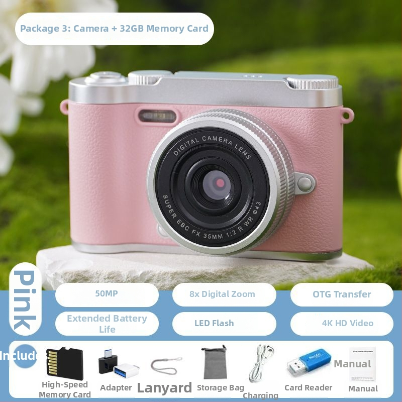 CCD digitálna kamera s prednou a zadnou dvojitou šošovkou, vstupná úroveň, kampus retro dizajn, 40–50MP, 8x optický zoom, 2,4-palcový LCD, TF karta, elektronická stabilizácia obrazu
