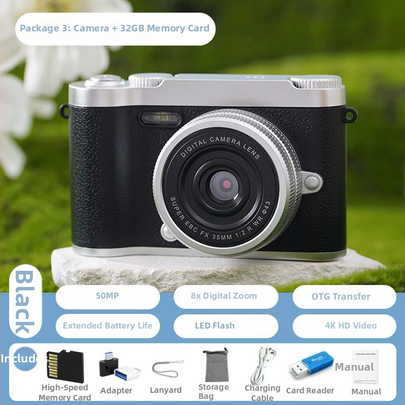CCD digitálna kamera s prednou a zadnou dvojitou šošovkou, vstupná úroveň, kampus retro dizajn, 40–50MP, 8x optický zoom, 2,4-palcový LCD, TF karta, elektronická stabilizácia obrazu