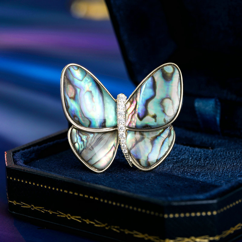Broš s leptiricom od prirodne školjke i cirkon, elegantan ženski nakit, cvjetni dizajn, ugradnja, Liyu Jewelry