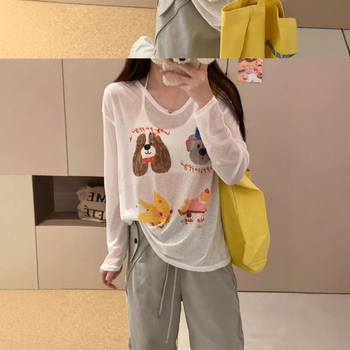 Женска тениска с свободна кройка, дълги ръкави, нейлонова материя (90–95% съдържание), принт с букви, тънка материя