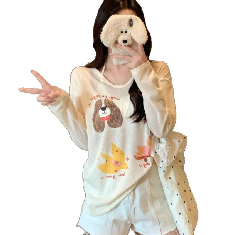 Женска тениска с свободна кройка, дълги ръкави, нейлонова материя (90–95% съдържание), принт с букви, тънка материя