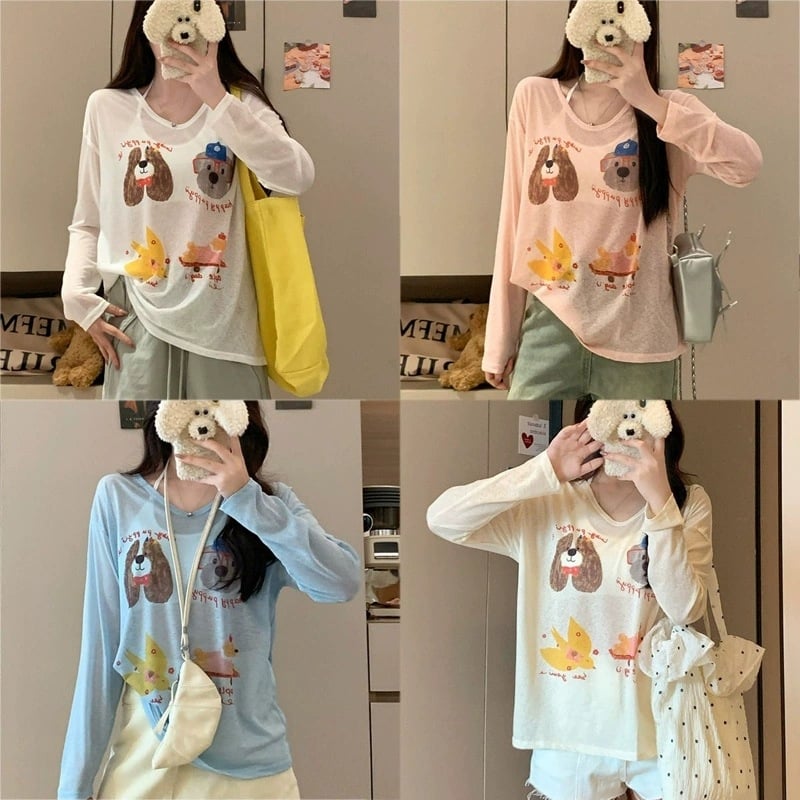 Женска тениска с свободна кройка, дълги ръкави, нейлонова материя (90–95% съдържание), принт с букви, тънка материя