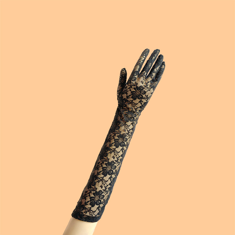 Дълги ръкавици от мрежеста дантела за лято – слънцезащитни, елегантни сватбени ръкавици с украса от хризантема