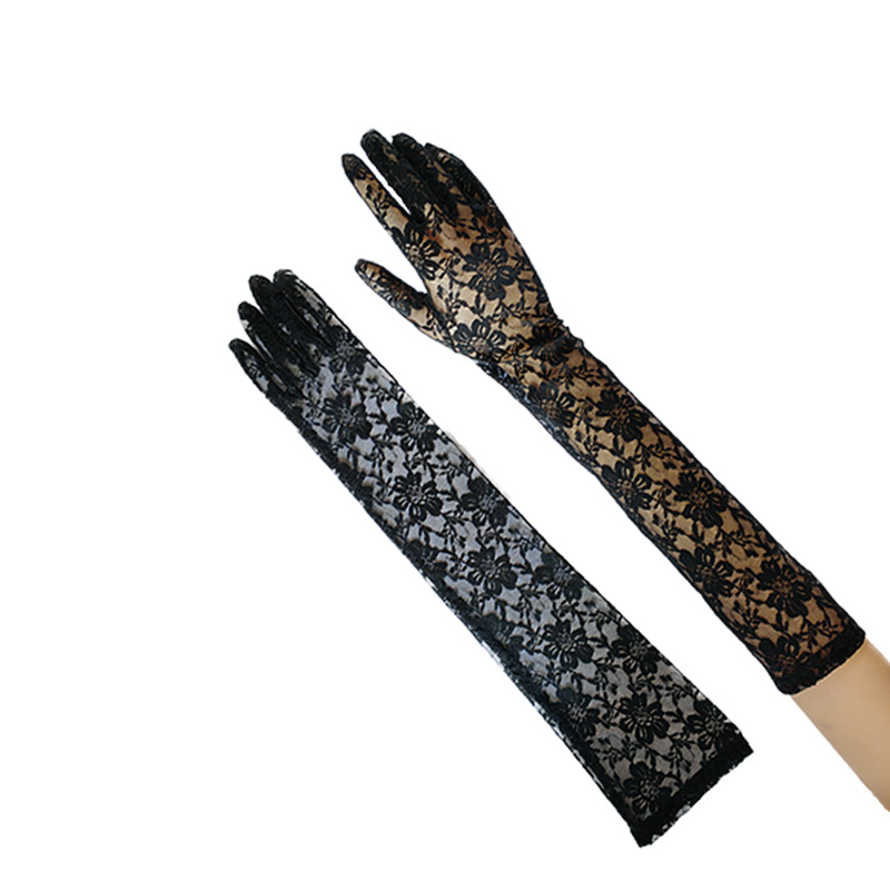 Дълги ръкавици от мрежеста дантела за лято – слънцезащитни, елегантни сватбени ръкавици с украса от хризантема