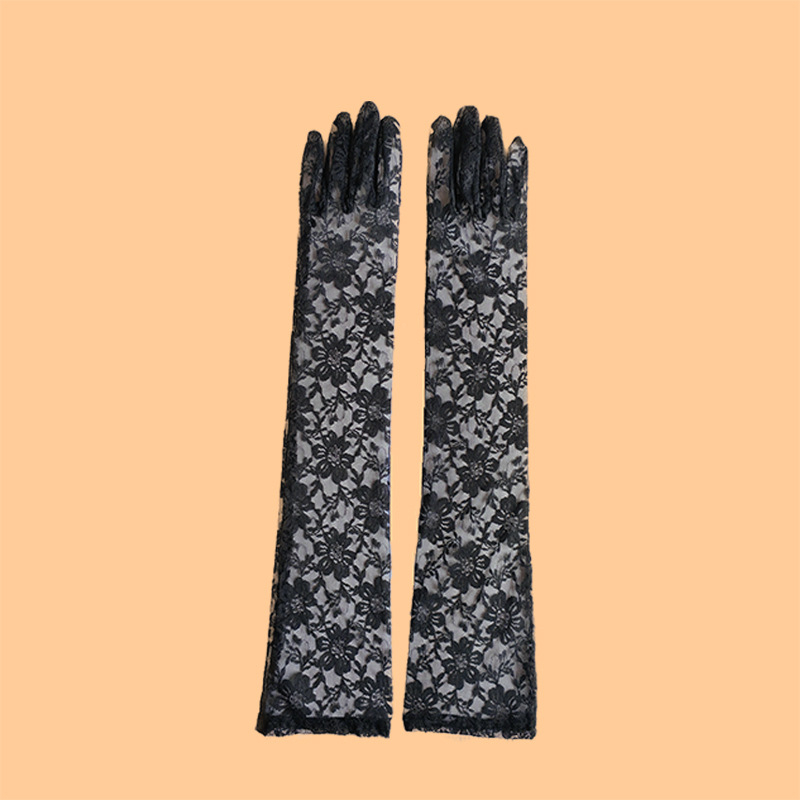 Дълги ръкавици от мрежеста дантела за лято – слънцезащитни, елегантни сватбени ръкавици с украса от хризантема