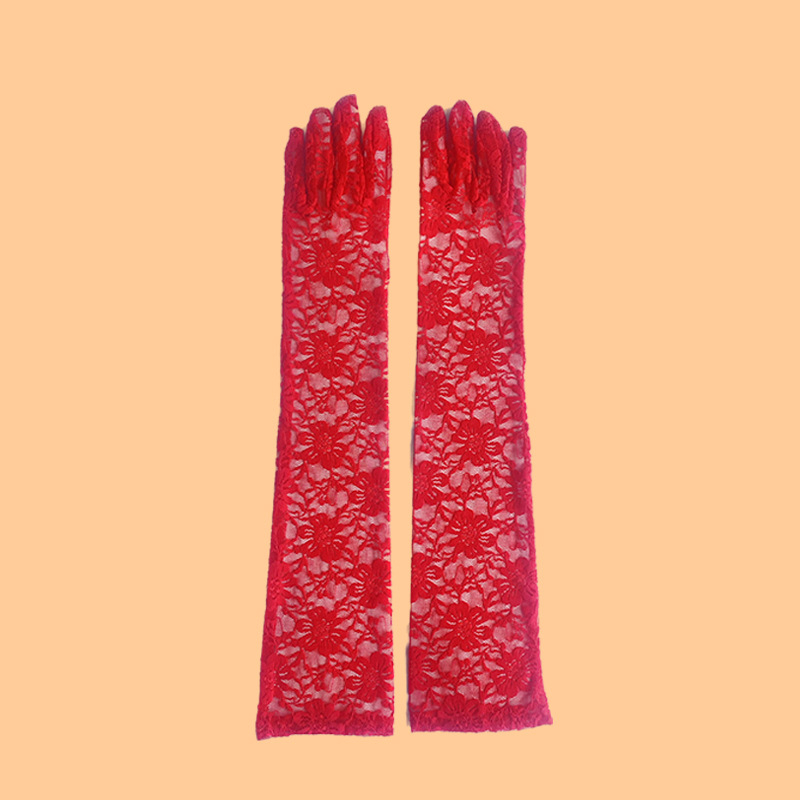 Дълги ръкавици от мрежеста дантела за лято – слънцезащитни, елегантни сватбени ръкавици с украса от хризантема