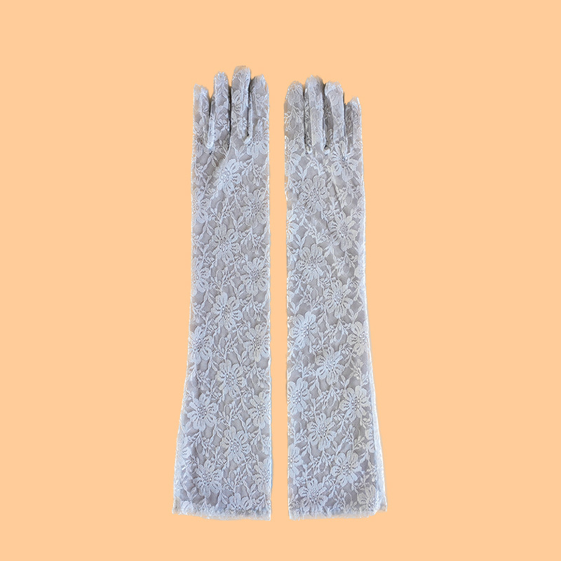 Дълги ръкавици от мрежеста дантела за лято – слънцезащитни, елегантни сватбени ръкавици с украса от хризантема