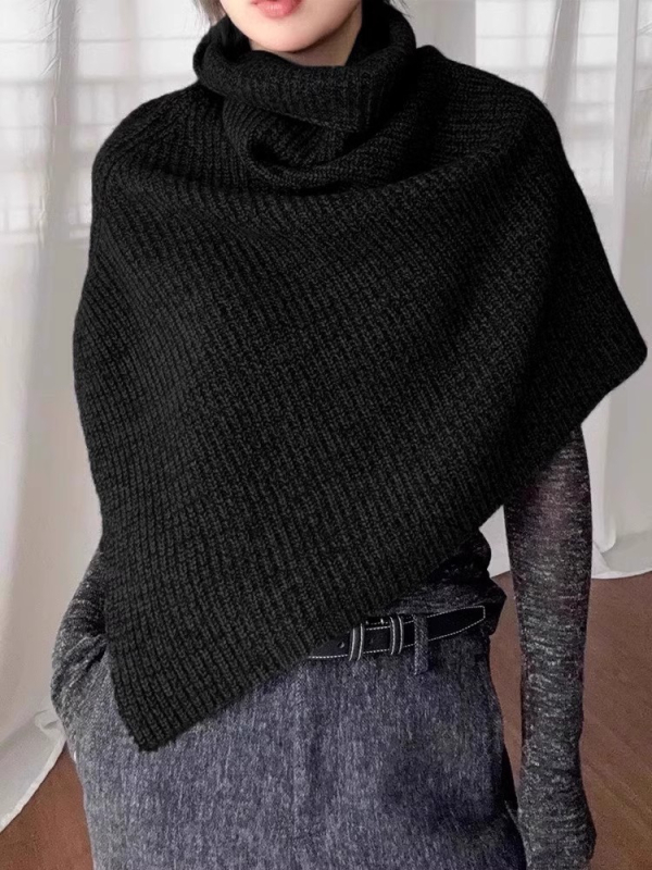 Ženski pleteni šal s visokim ovratnikom, poliester, zima/jesen, monokromatski uzorak, čuva toplinu, casual stil