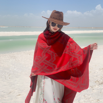 Etno stiili pončo sall, soe ja tuulekindel, Jacquard kudumine polüester, geomeetriline muster, kahekordne kasutus šalle-pončo