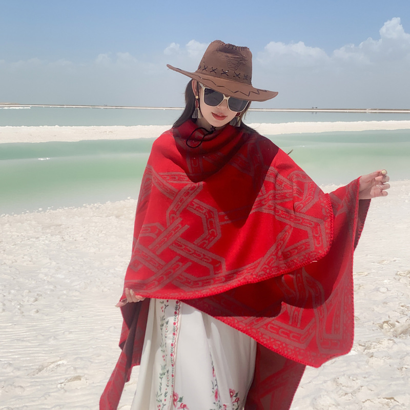 Etno stiili pončo sall, soe ja tuulekindel, Jacquard kudumine polüester, geomeetriline muster, kahekordne kasutus šalle-pončo