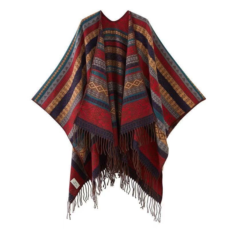 Šal-kapa od imitacije kašmira, warp knit pletenje, Color Blocking uzorak, retro etnički stil, toplina