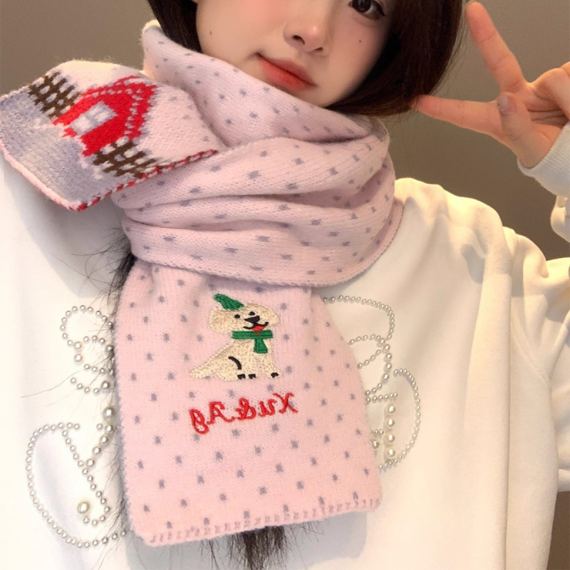 Pleteni šal s izvezkom preslatkog šteneta, japanskog stila, warp pletenje, zima, srednje duljine, influencer stil
